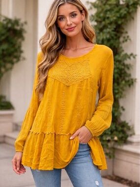 Adiva Mustard Gold Ruffled Boho long sleeve tunic gauze eyelet top. Open back M